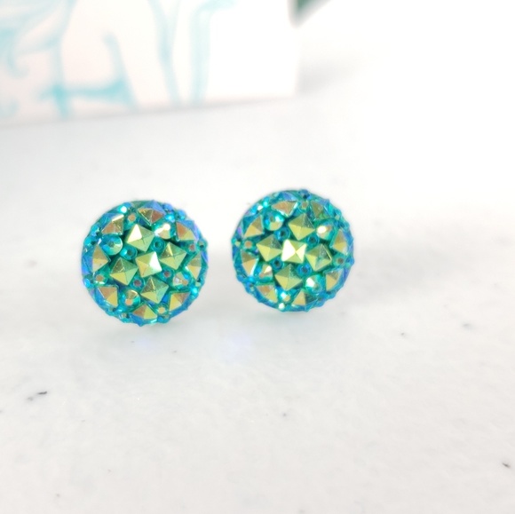 Teal Sparkle Acrylic Druzy Stud Earrings - Picture 3 of 6